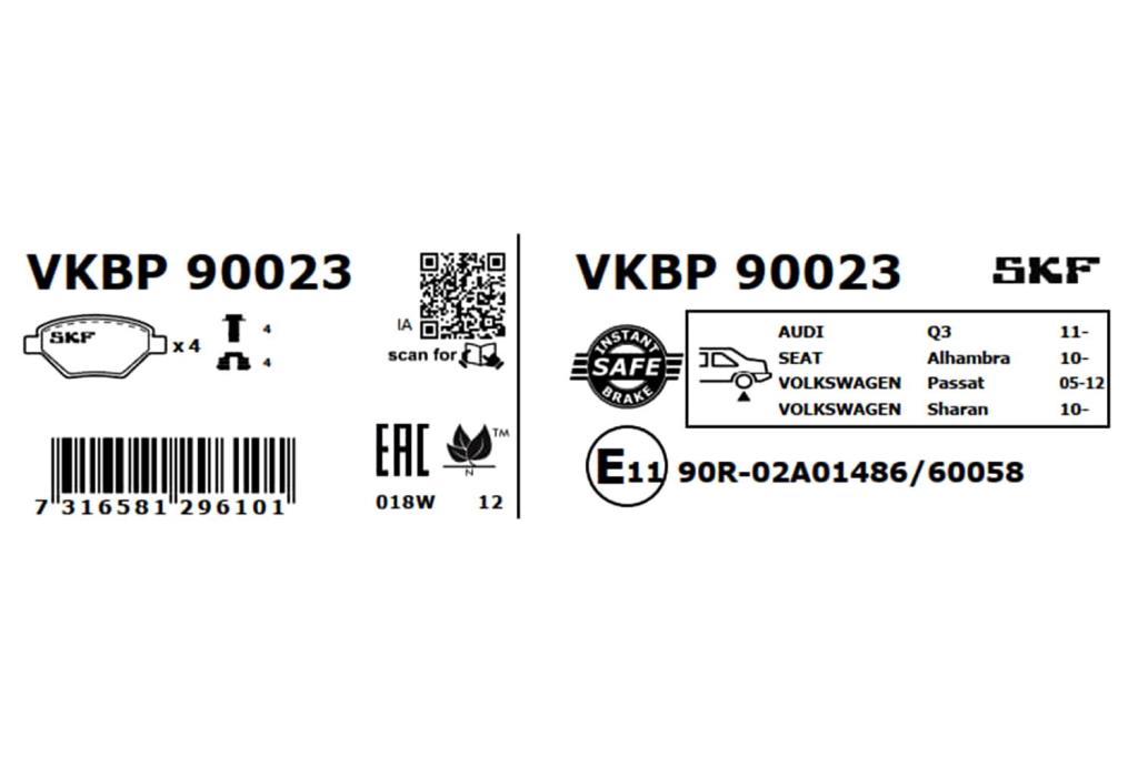 Jeu de 4 plaquettes de frein SKF ref. VKBP 90023